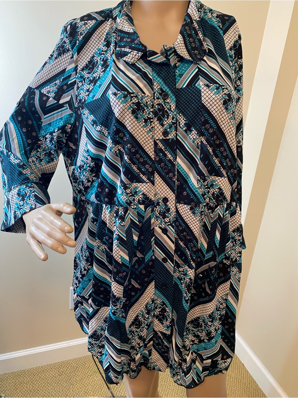 Style & Co. Teal and Black Geometric Button-Down Shirt